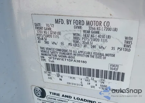 2013 Ford F-150 Platinum z USA, uszkodzony, nr VIN 1FTFW1ET1DFA38180